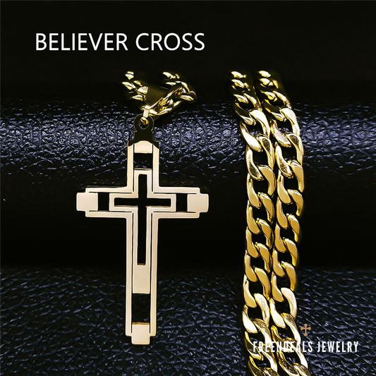 "BELIEVER CROSS" Blessed Jesus Cross 18K Real Gold-Plated Stainless Steel Necklace