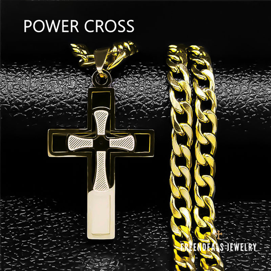 "POWER CROSS" Blessed Jesus Cross 18K Real Gold-Plated Stainless Steel Necklace