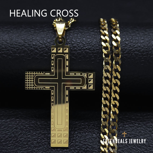 "HEALING CROSS" Model Blessed 18K Real Gold-Plated Stainless Steel Cross Necklace