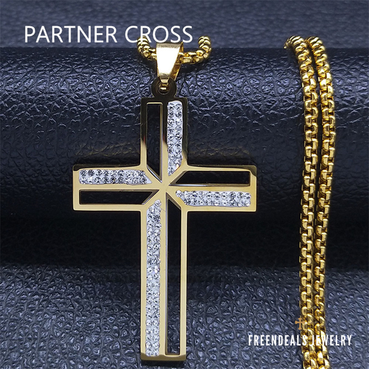 "PARTNER CROSS" Blessed Jesus Cross 18K Real Gold-Plated Stainless Steel Necklace