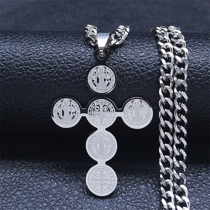 Blessed 2022 Fashion Stainless Steel Cross Necklace for Women Men Saint Benedict Gold Color Necklaces Jewelry Gifts collar cruz N4525S05 - Freendeals Jewelry