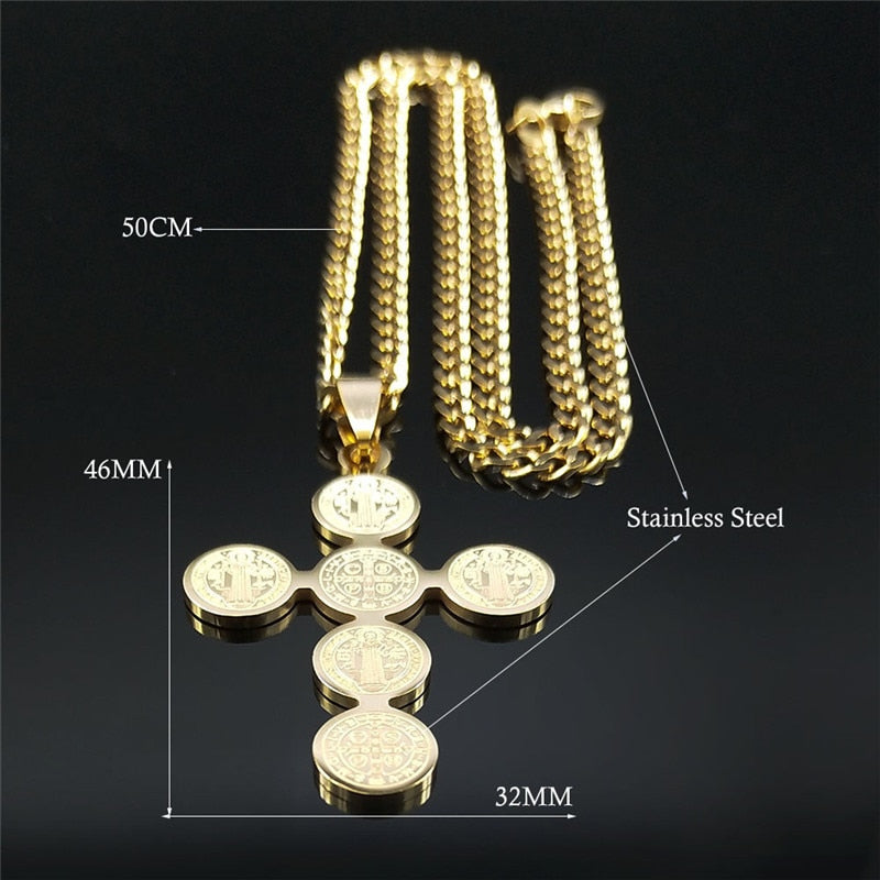 Blessed 2022 Fashion Stainless Steel Cross Necklace for Women Men Saint Benedict Gold Color Necklaces Jewelry Gifts collar cruz N4525S05 - Freendeals Jewelry