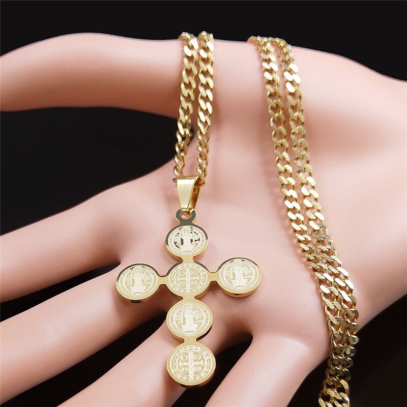 Blessed 2022 Fashion Stainless Steel Cross Necklace for Women Men Saint Benedict Gold Color Necklaces Jewelry Gifts collar cruz N4525S05 - Freendeals Jewelry