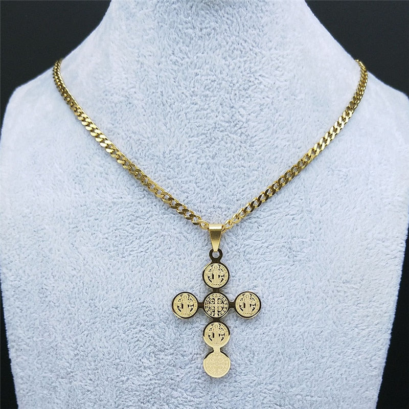 Blessed 2022 Fashion Stainless Steel Cross Necklace for Women Men Saint Benedict Gold Color Necklaces Jewelry Gifts collar cruz N4525S05 - Freendeals Jewelry