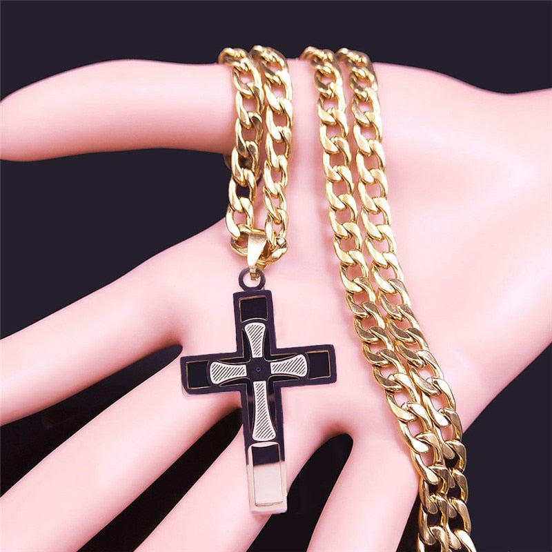 "POWER CROSS" Blessed Jesus Cross 18K Real Gold-Plated Stainless Steel Necklace