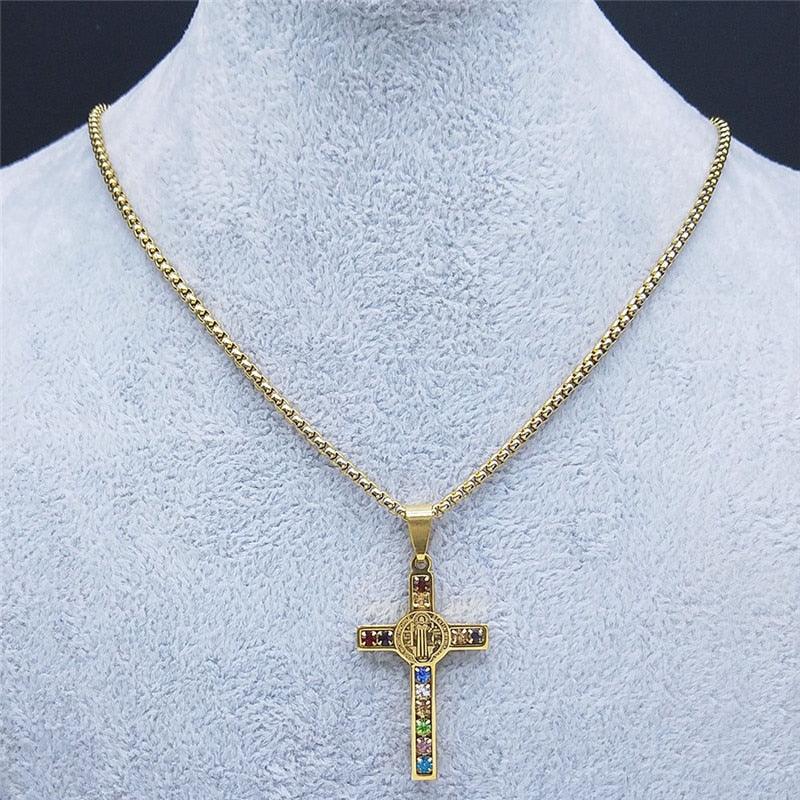 Catholic Jesus Cross Stainless Steel Necklace Saint Benedict Crystal Virgin Mary Pendant Crucifix Male Necklaces Jewelry cruz - Freendeals Jewelry