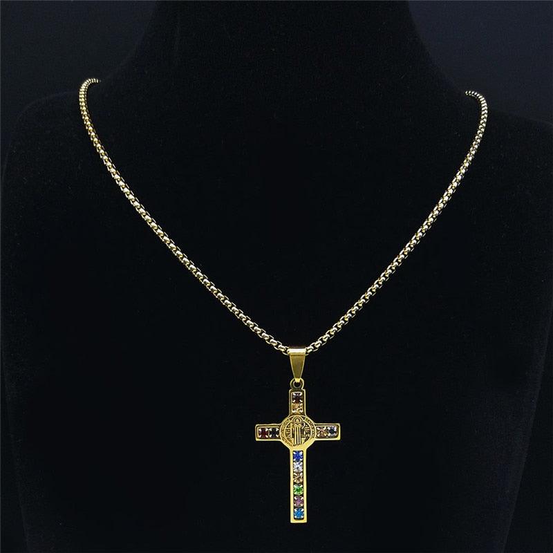 Catholic Jesus Cross Stainless Steel Necklace Saint Benedict Crystal Virgin Mary Pendant Crucifix Male Necklaces Jewelry cruz - Freendeals Jewelry