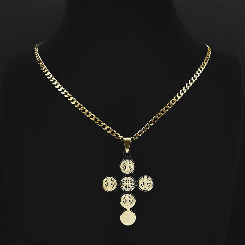 Blessed 2022 Fashion Stainless Steel Cross Necklace for Women Men Saint Benedict Gold Color Necklaces Jewelry Gifts collar cruz N4525S05 - Freendeals Jewelry