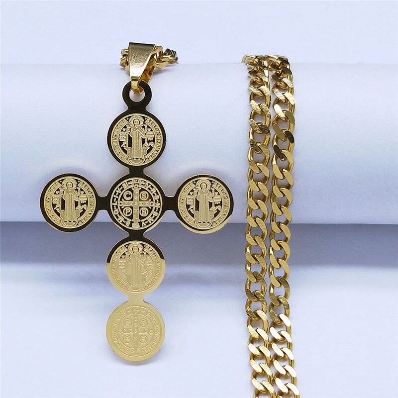 Blessed 2022 Fashion Stainless Steel Cross Necklace for Women Men Saint Benedict Gold Color Necklaces Jewelry Gifts collar cruz N4525S05 - Freendeals Jewelry