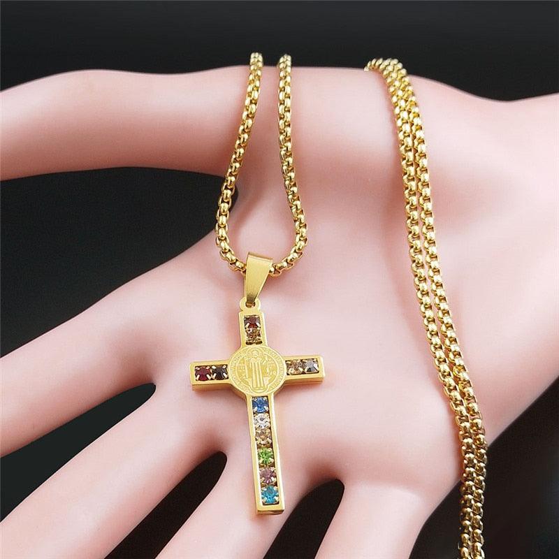 Catholic Jesus Cross Stainless Steel Necklace Saint Benedict Crystal Virgin Mary Pendant Crucifix Male Necklaces Jewelry cruz - Freendeals Jewelry