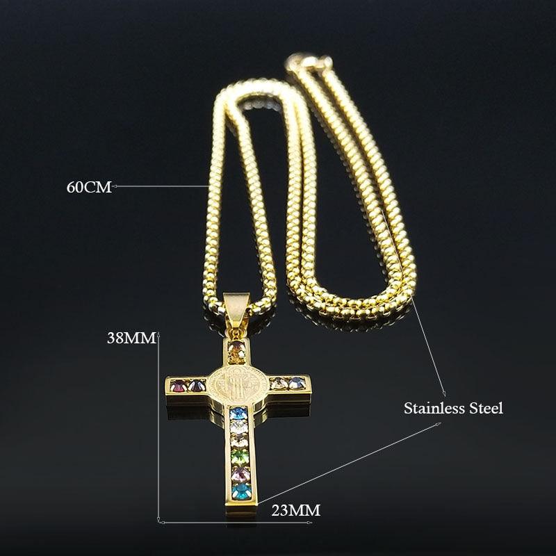 Catholic Jesus Cross Stainless Steel Necklace Saint Benedict Crystal Virgin Mary Pendant Crucifix Male Necklaces Jewelry cruz - Freendeals Jewelry