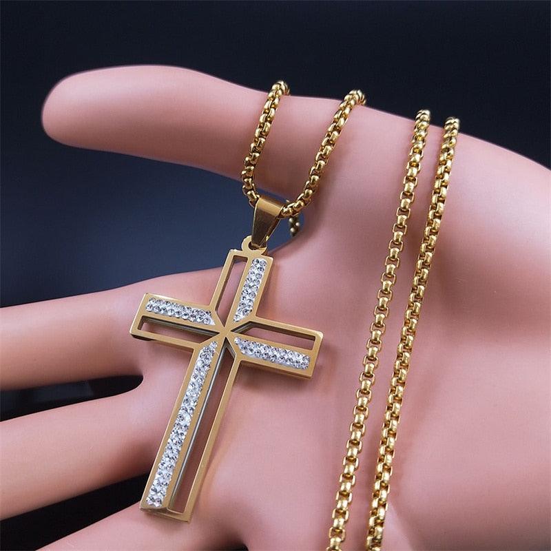 Crucifix Cross Pendant Necklace Gold Color Crystal Stainless Steel Jesus Christ Necklaces Jewelry correntinha masculina N4943S02 - Freendeals Jewelry