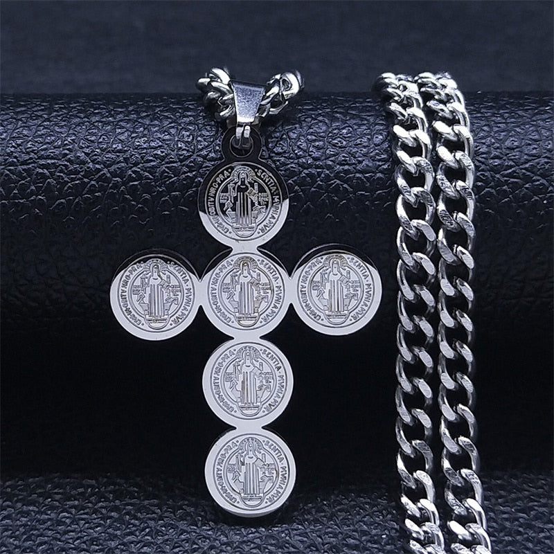 Blessed 2022 Fashion Stainless Steel Cross Necklace for Women Men Saint Benedict Gold Color Necklaces Jewelry Gifts collar cruz N4525S05 - Freendeals Jewelry