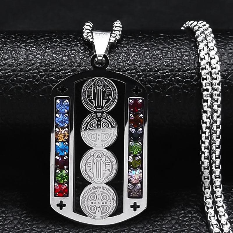 Catholic Jesus Cross Stainless Steel Necklace Saint Benedict Crystal Virgin Mary Pendant Crucifix Male Necklaces Jewelry cruz - Freendeals Jewelry