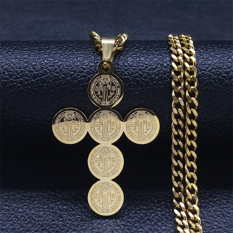 Blessed 2022 Fashion Stainless Steel Cross Necklace for Women Men Saint Benedict Gold Color Necklaces Jewelry Gifts collar cruz N4525S05 - Freendeals Jewelry