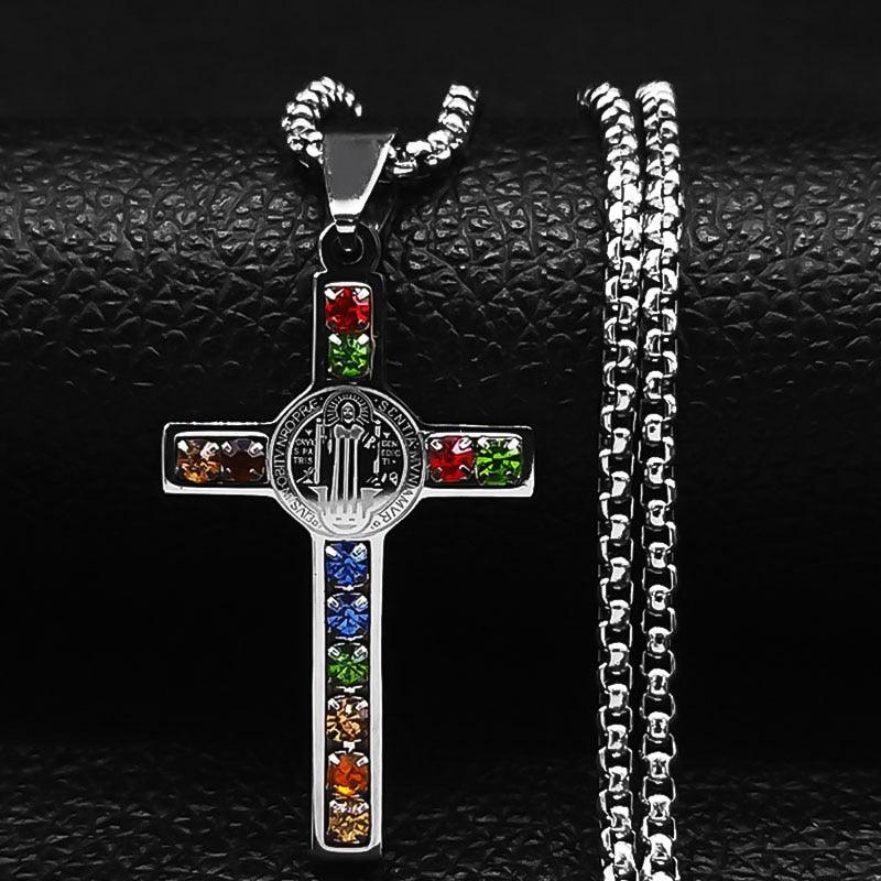 Catholic Jesus Cross Stainless Steel Necklace Saint Benedict Crystal Virgin Mary Pendant Crucifix Male Necklaces Jewelry cruz - Freendeals Jewelry