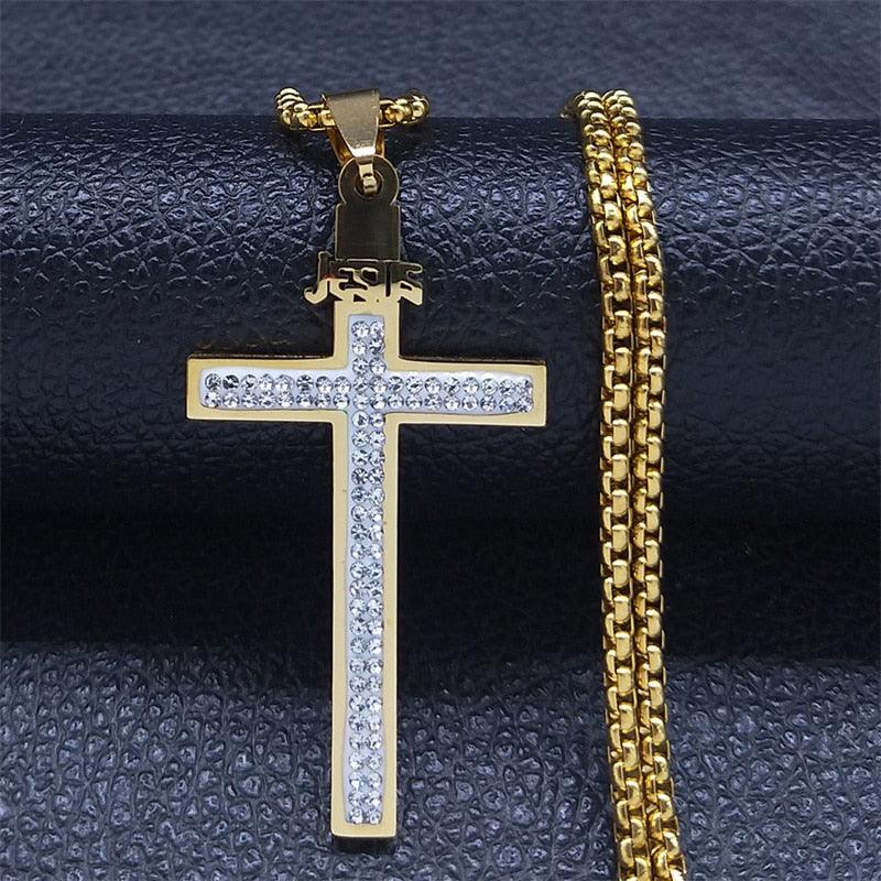 Crucifix Cross Pendant Necklace Gold Color Crystal Stainless Steel Jesus Christ Necklaces Jewelry correntinha masculina N4943S02 - Freendeals Jewelry