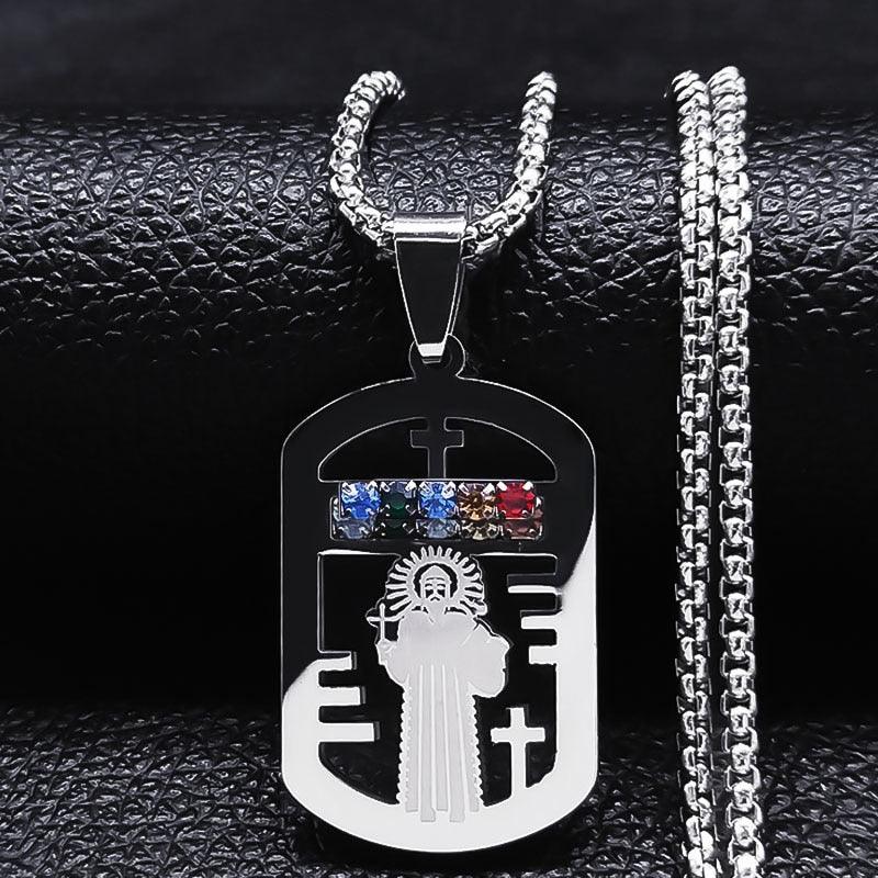 Catholic Jesus Cross Stainless Steel Necklace Saint Benedict Crystal Virgin Mary Pendant Crucifix Male Necklaces Jewelry cruz - Freendeals Jewelry