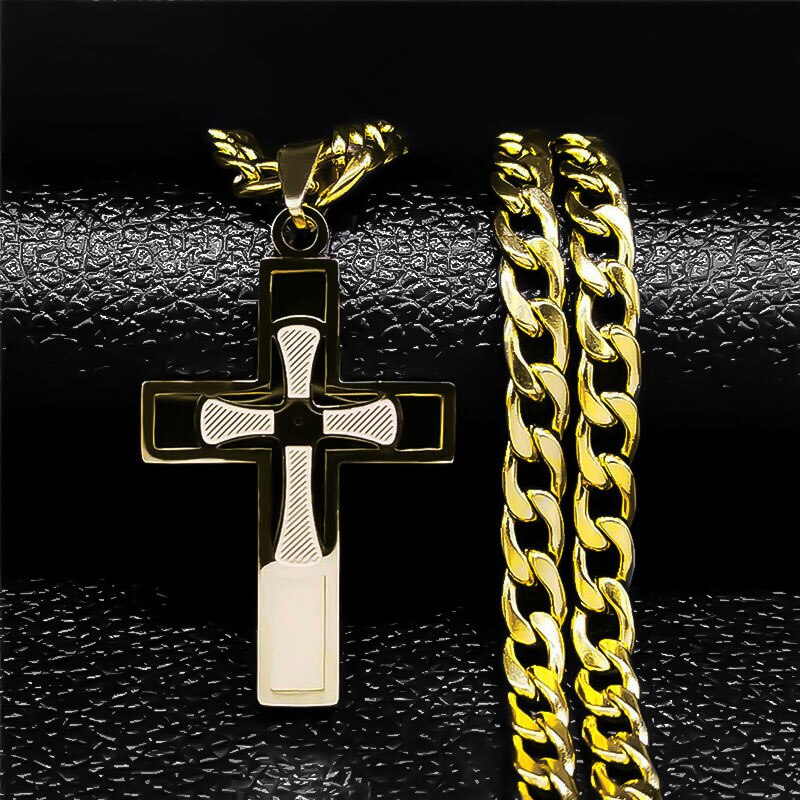 "POWER CROSS" Blessed Jesus Cross 18K Real Gold-Plated Stainless Steel Necklace