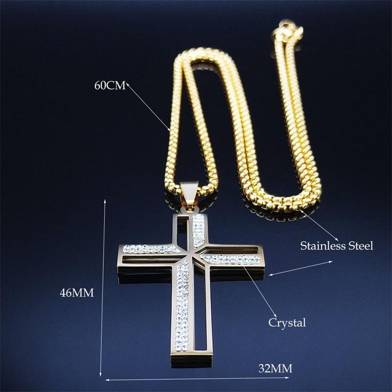 Crucifix Cross Pendant Necklace Gold Color Crystal Stainless Steel Jesus Christ Necklaces Jewelry correntinha masculina N4943S02 - Freendeals Jewelry