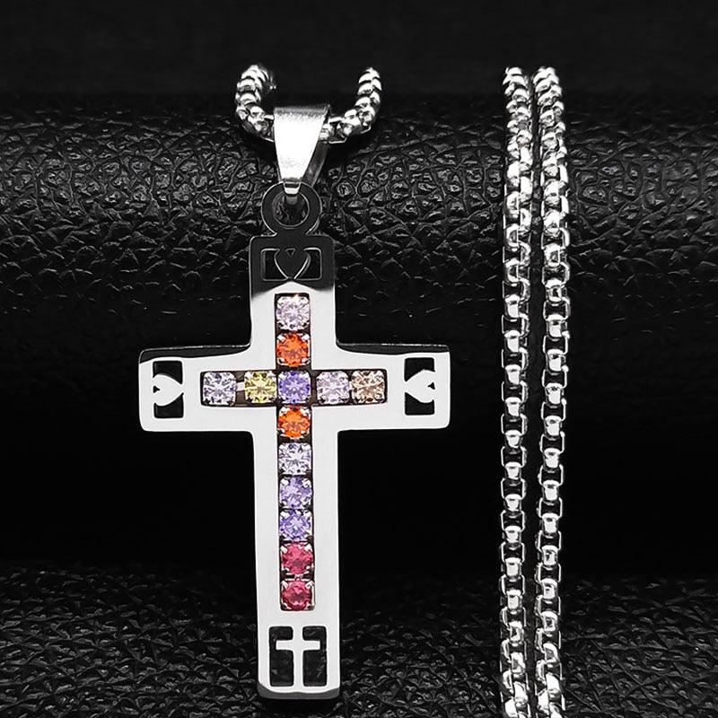 Catholic Jesus Cross Stainless Steel Necklace Saint Benedict Crystal Virgin Mary Pendant Crucifix Male Necklaces Jewelry cruz - Freendeals Jewelry