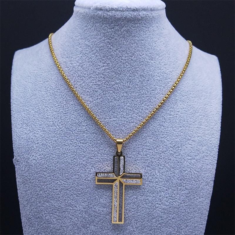 Crucifix Cross Pendant Necklace Gold Color Crystal Stainless Steel Jesus Christ Necklaces Jewelry correntinha masculina N4943S02 - Freendeals Jewelry