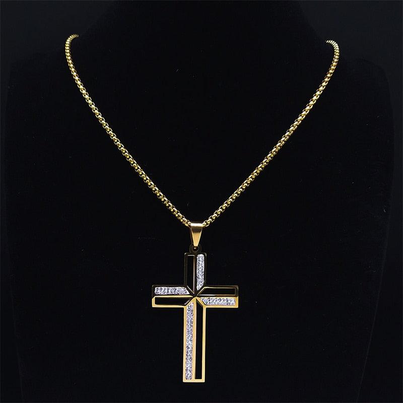 Crucifix Cross Pendant Necklace Gold Color Crystal Stainless Steel Jesus Christ Necklaces Jewelry correntinha masculina N4943S02 - Freendeals Jewelry