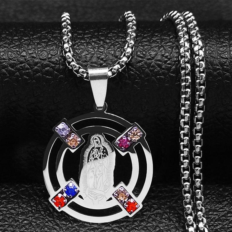 Catholic Jesus Cross Stainless Steel Necklace Saint Benedict Crystal Virgin Mary Pendant Crucifix Male Necklaces Jewelry cruz - Freendeals Jewelry