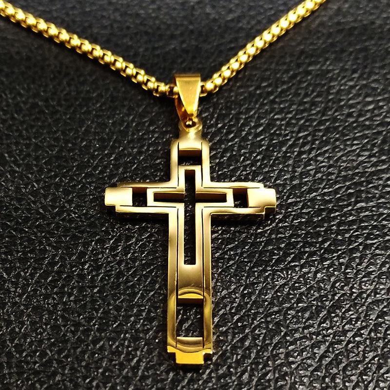 2021 18K Gold-Plated Hollow Cross Stainless Steel Pendant Necklace - Freendeals Jewelry