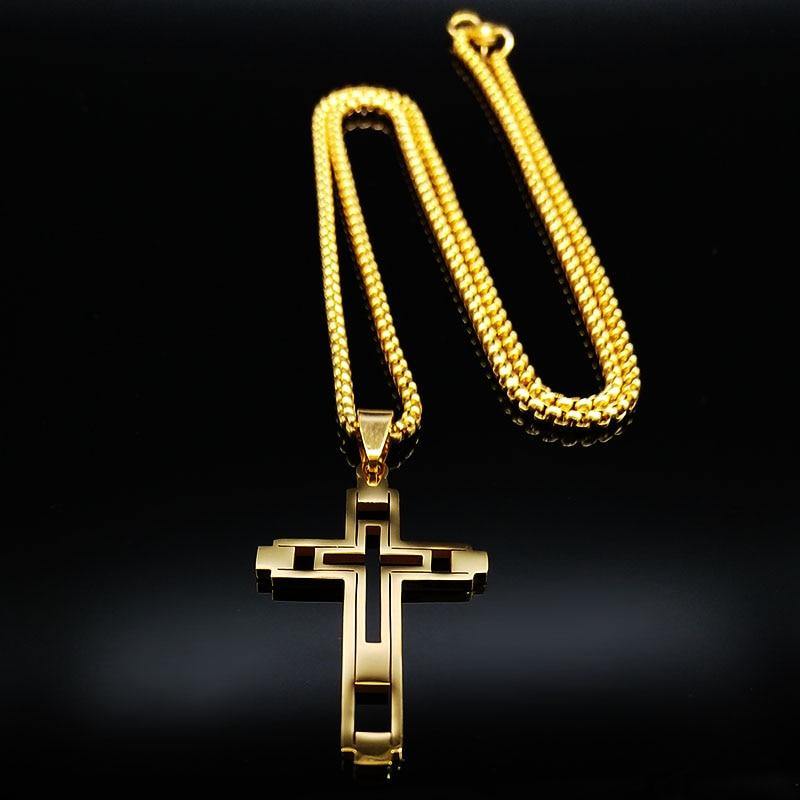 2021 18K Gold-Plated Hollow Cross Stainless Steel Pendant Necklace - Freendeals Jewelry