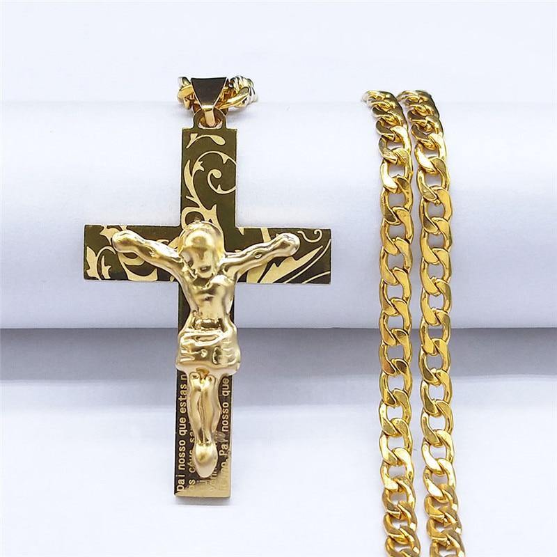 2021 18K GOLD Cross Crucifix Stainless Steel  Pendant Necklace - Freendeals Jewelry